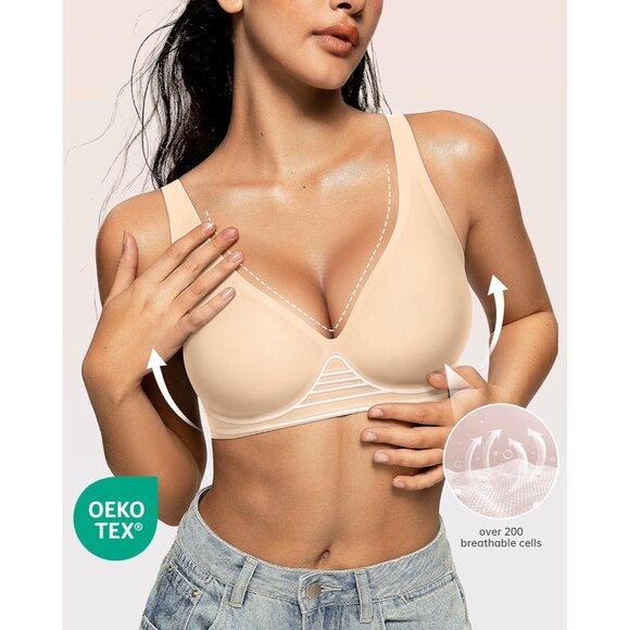 Women's Deep V Wireless Bra Supportive Seamless Push Up T-shirt Bralette - Picture 2 of 7